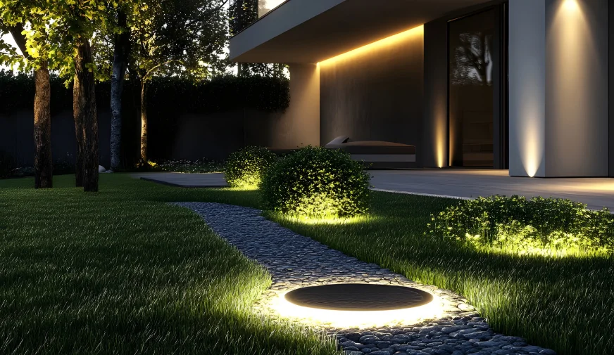 Accent lighting along a garden path and shrubs