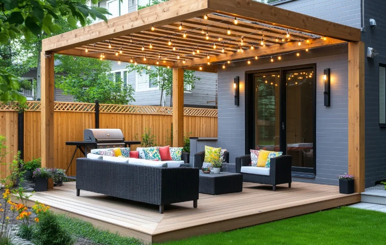 String lighting over a covered patio and outdoor seating area